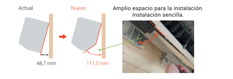 Instalación sencilla con acceso mejorado a la tubería Este modelo está diseñado para facilitar el trabajo de instalación. El acceso a la conexión de tubería plana permite una instalación más sencilla, especialmente cuando la salida de tubería se realiza hacia la izquierda. La extracción bajo la cubierta del chasis de la unidad interior facilita el montaje, mientras que el diseño del soporte de gancho de pared mejora la instalación con salida de tubería central. Además, el mayor espacio disponible para la instalación ayuda a trabajar con más comodidad. Esto convierte al equipo en una opción práctica tanto para obra nueva como para sustitución de equipos antiguos.